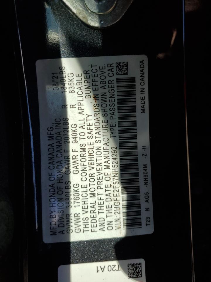 2022 HONDA CIVIC SPORT VIN:2HGFE2F57NH524292