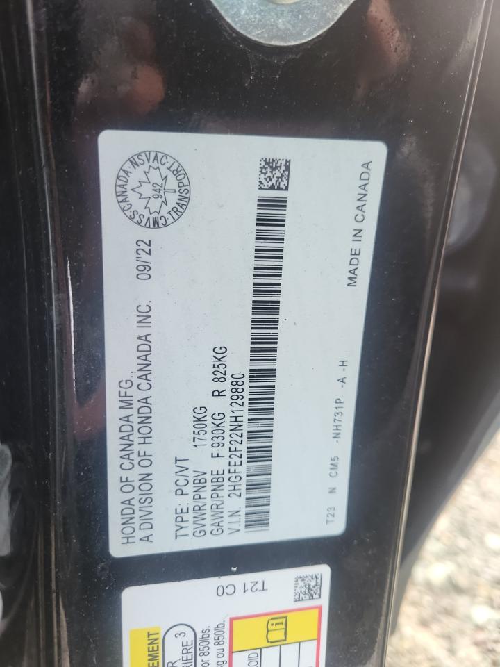 2022 HONDA CIVIC LX VIN:2HGFE2F22NH129880