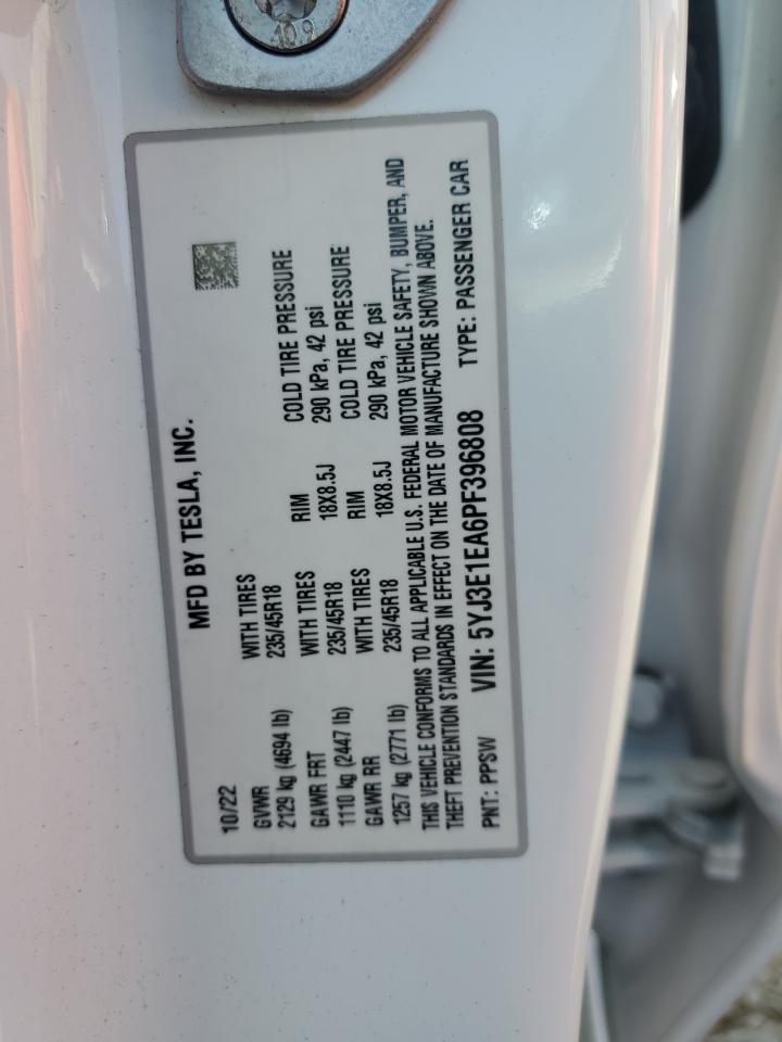 2023 TESLA MODEL 3 VIN:5YJ3E1EA6PF396808