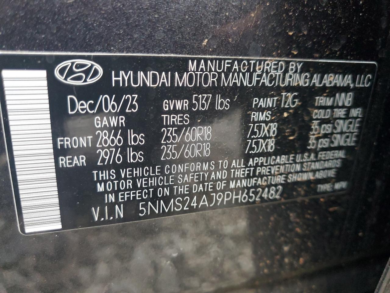 2023 HYUNDAI SANTA FE SEL VIN:5NMS24AJ9PH652482