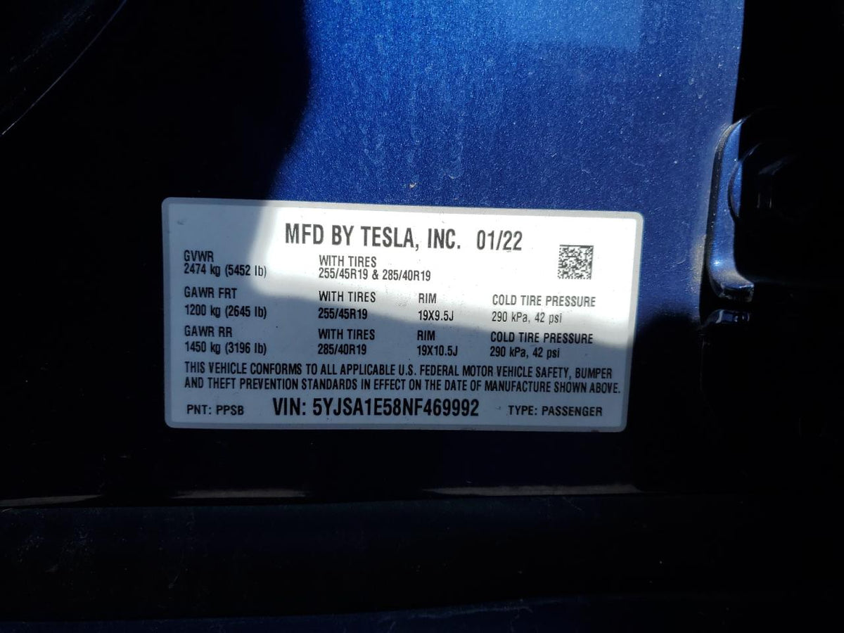 2022 TESLA MODEL S VIN:5YJSA1E58NF469992