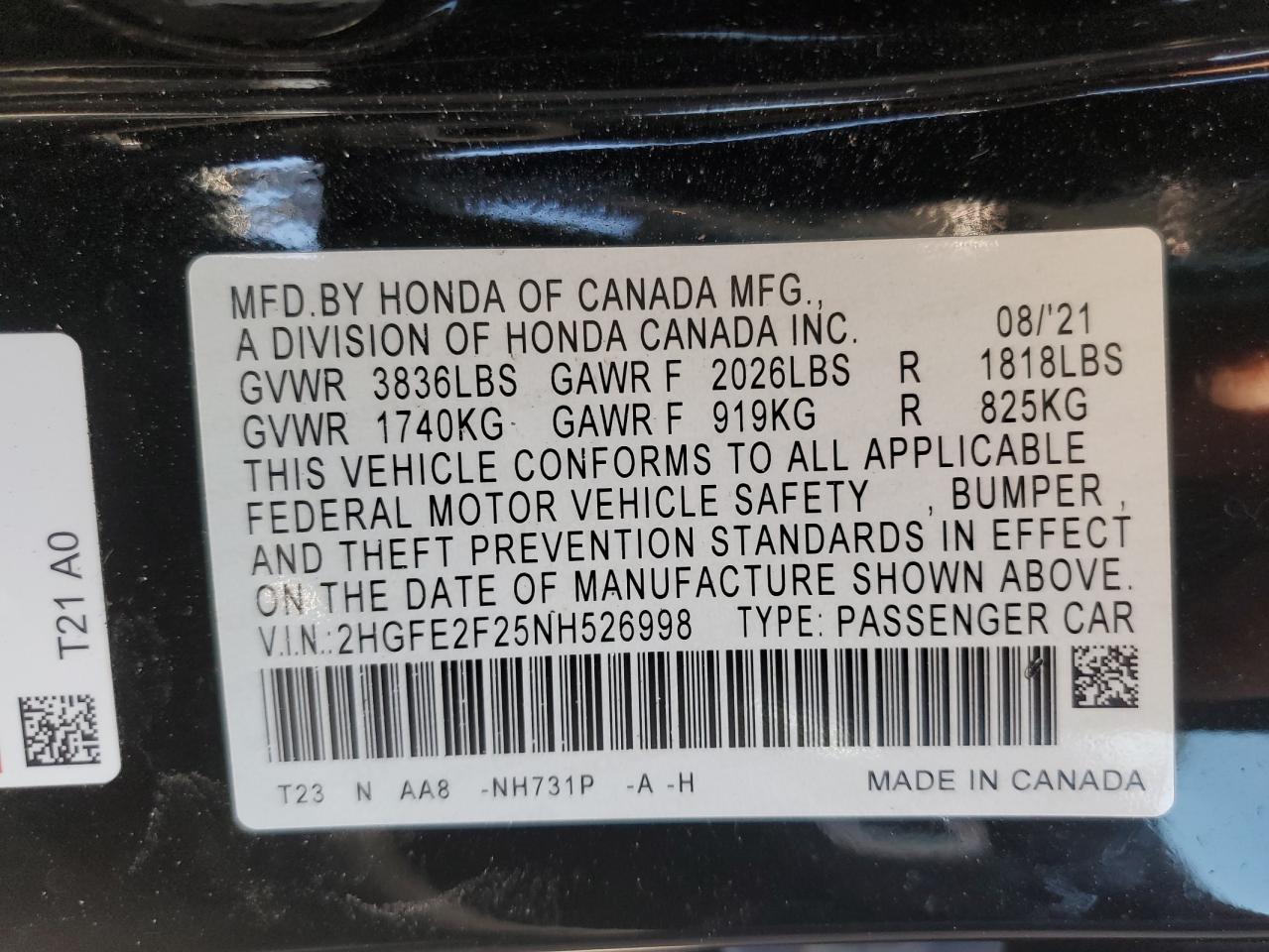 2022 HONDA CIVIC LX VIN:2HGFE2F25NH526998
