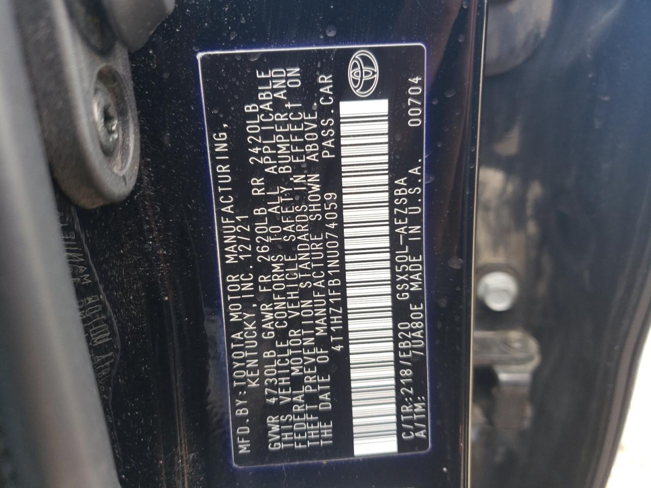 2022 TOYOTA AVALON TOURING VIN:4T1HZ1FB1NU074059