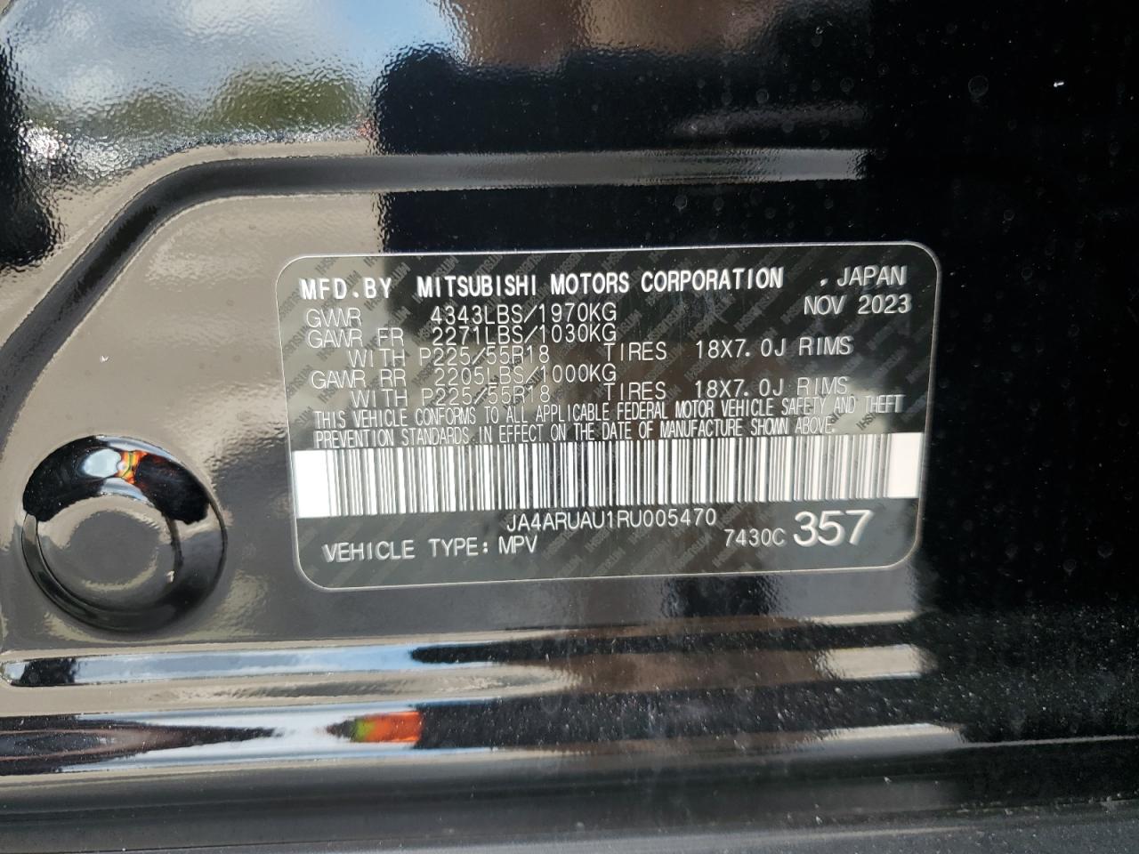 2024 MITSUBISHI OUTLANDER SPORT S/SE VIN:JA4ARUAU1RU005470