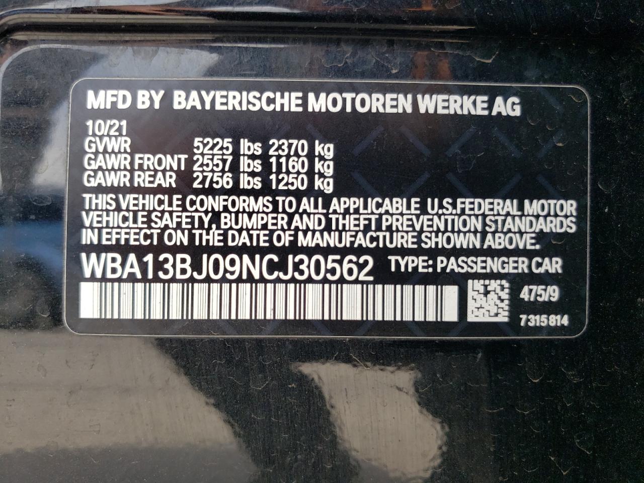 2022 BMW 530 XI VIN:WBA13BJ09NCJ30562