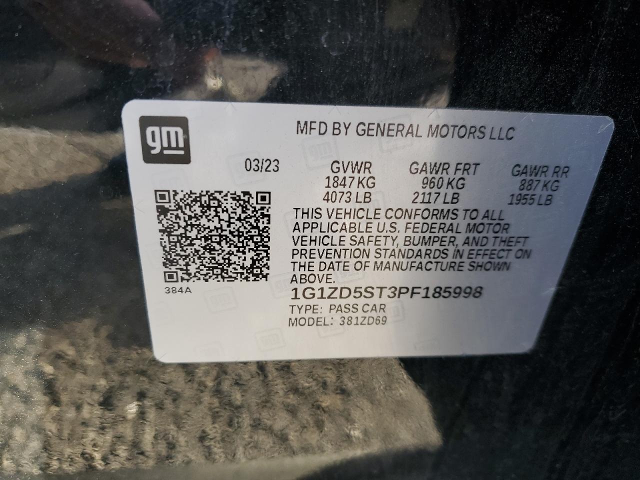 2023 CHEVROLET MALIBU LT VIN:1G1ZD5ST3PF185998