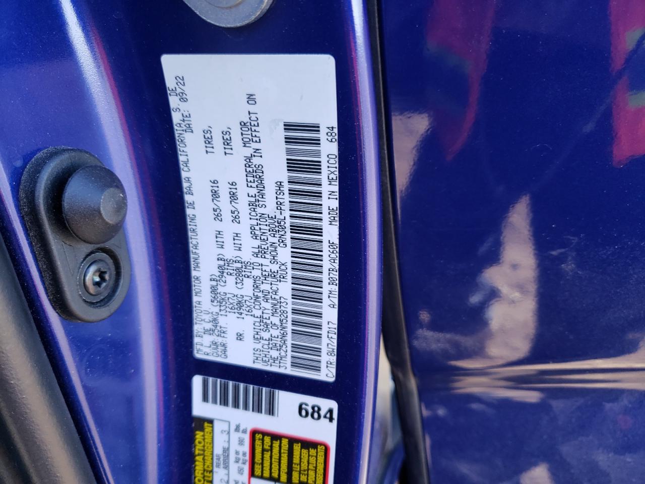 2022 TOYOTA TACOMA DOUBLE CAB VIN:5N1AR2MM4FC694312