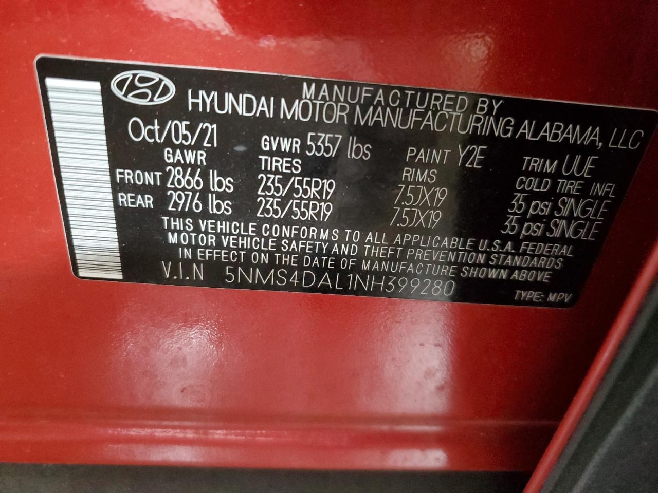 2022 HYUNDAI SANTA FE LIMITED VIN:5NMS4DAL1NH399280