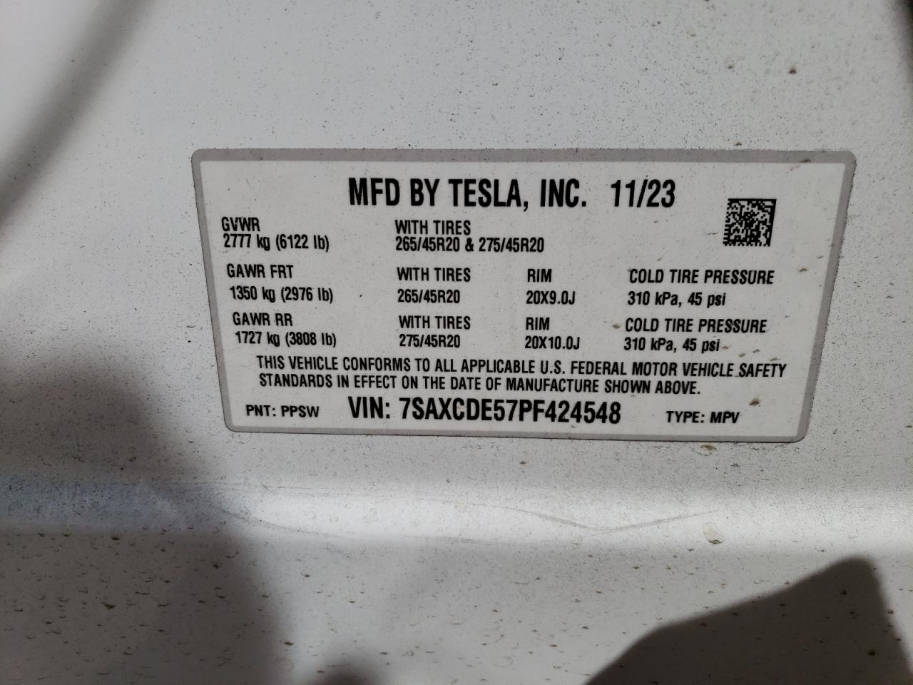 2023 TESLA MODEL X VIN:7SAXCDE57PF424548