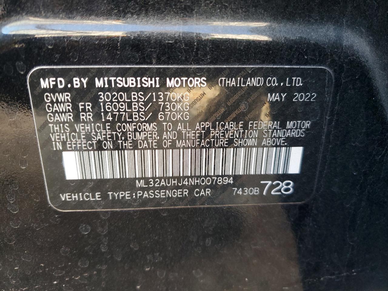 2022 MITSUBISHI MIRAGE ES VIN:ML32AUHJ4NH007894