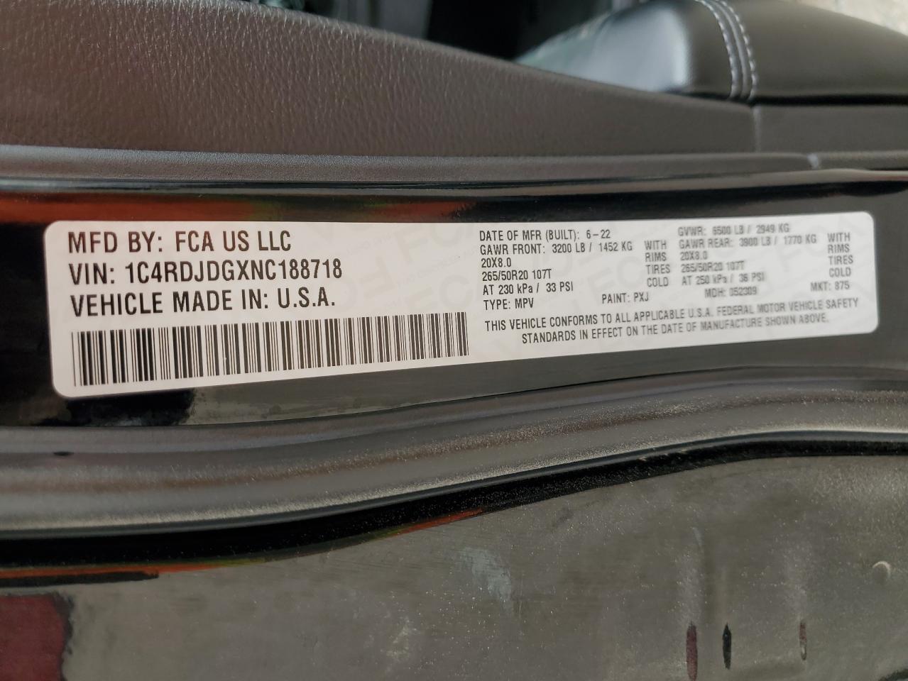 2022 DODGE DURANGO GT VIN:1C4RDJDGXNC188718