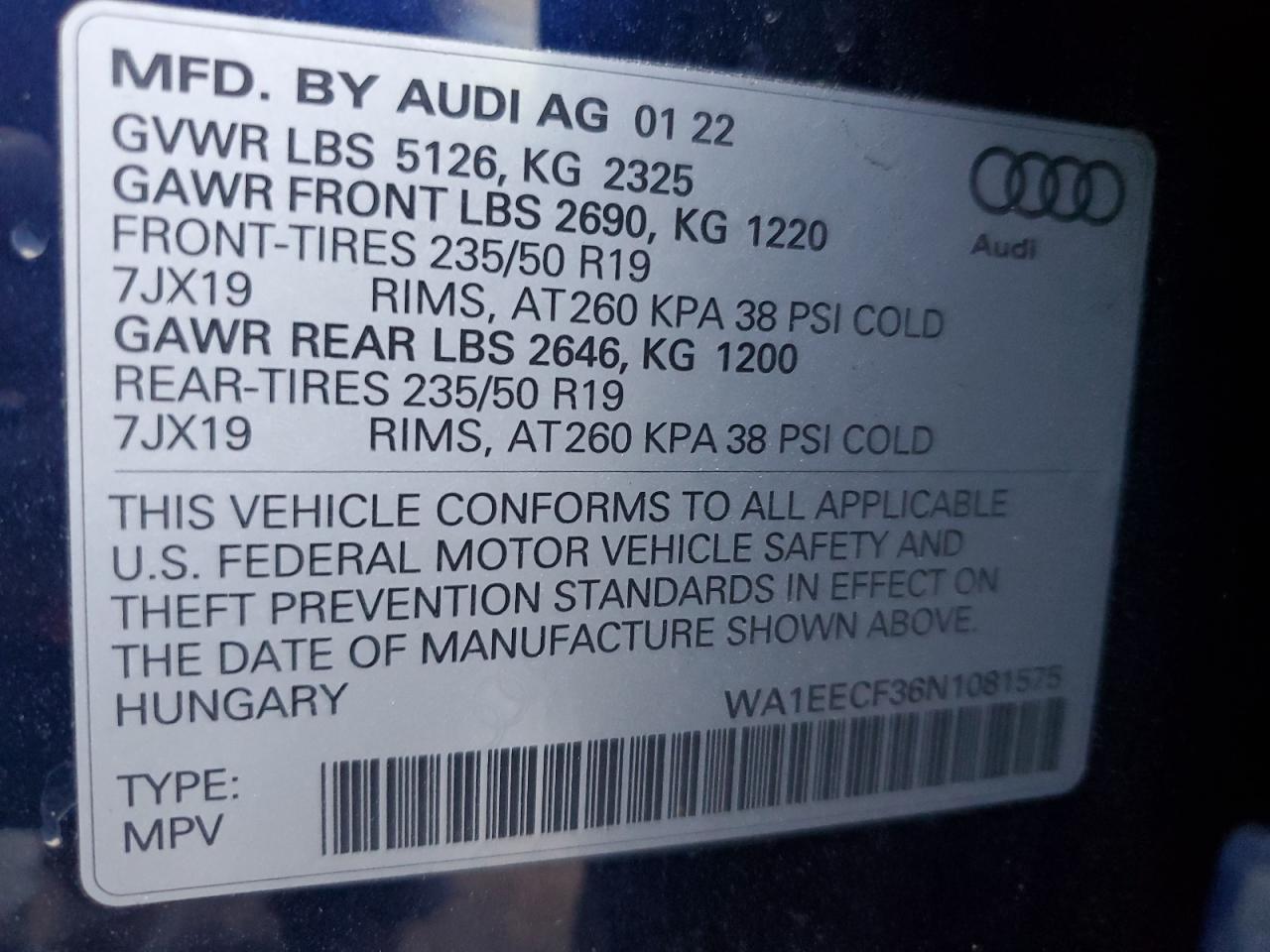 2022 AUDI Q3 PREMIUM PLUS S LINE 45 VIN:WA1EECF36N1081575