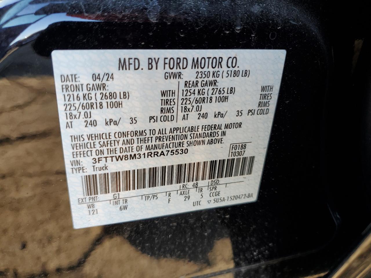 2024 FORD MAVERICK LARIAT VIN:3FTTW8M31RRA75530