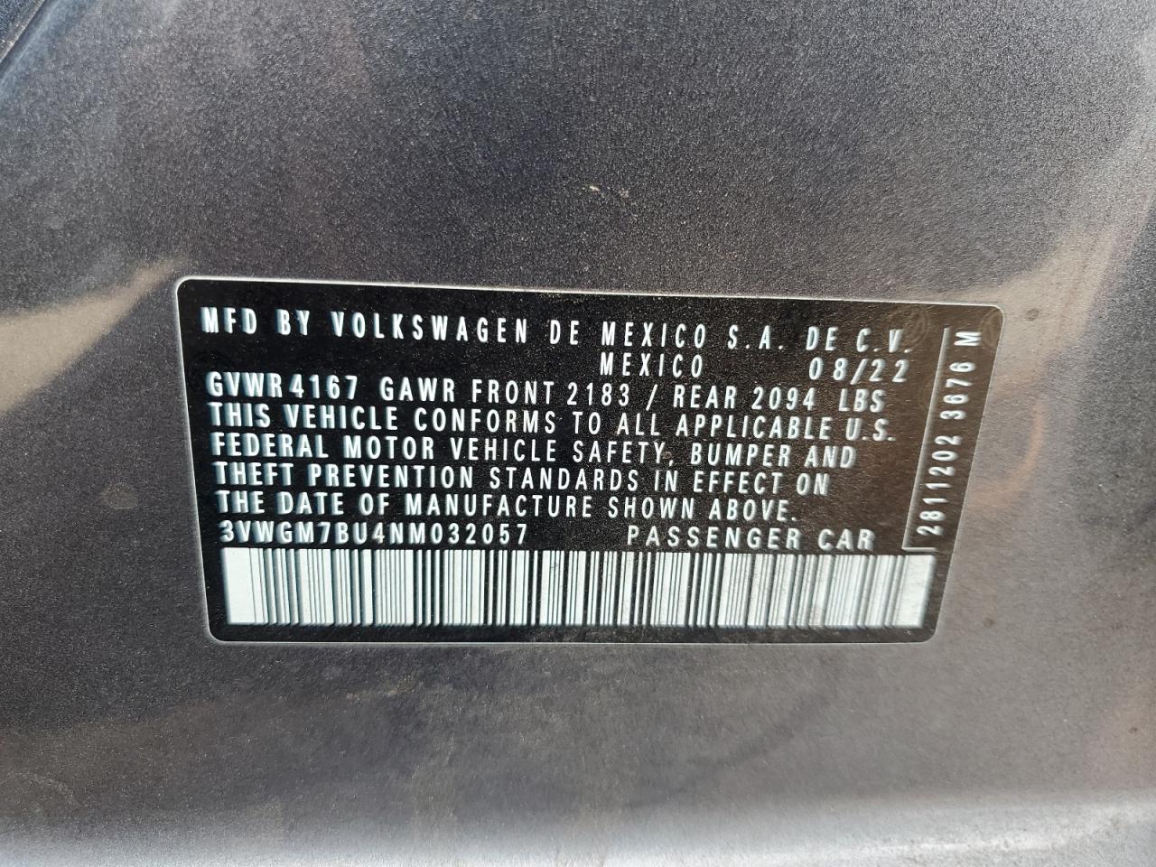 2022 VOLKSWAGEN JETTA SEL VIN:3VWGM7BU4NM032057