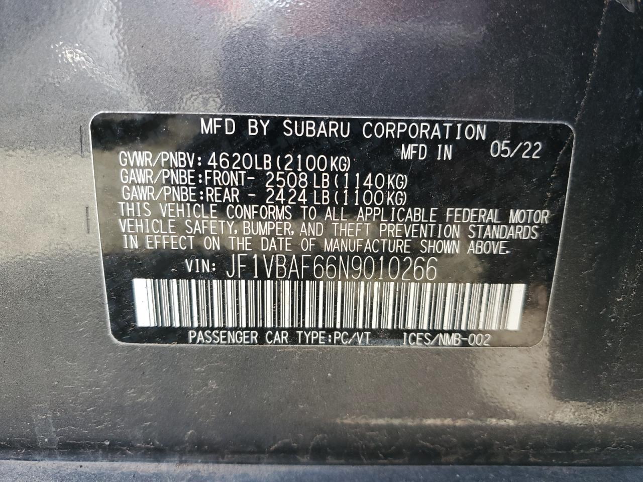 2022 SUBARU WRX PREMIUM VIN:JF1VBAF66N9010266