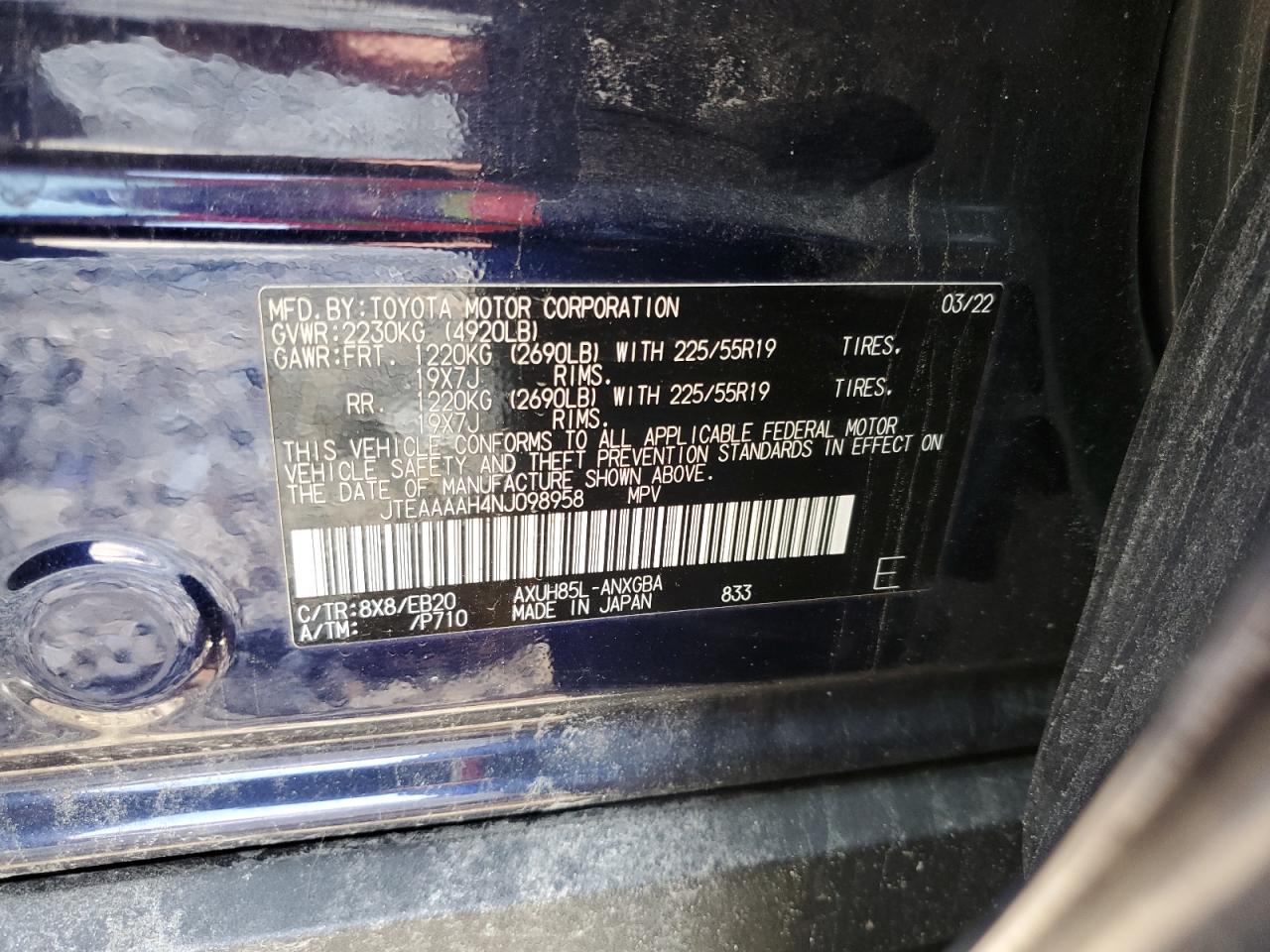 2022 TOYOTA VENZA LE VIN:JTEAAAAH4NJ098958