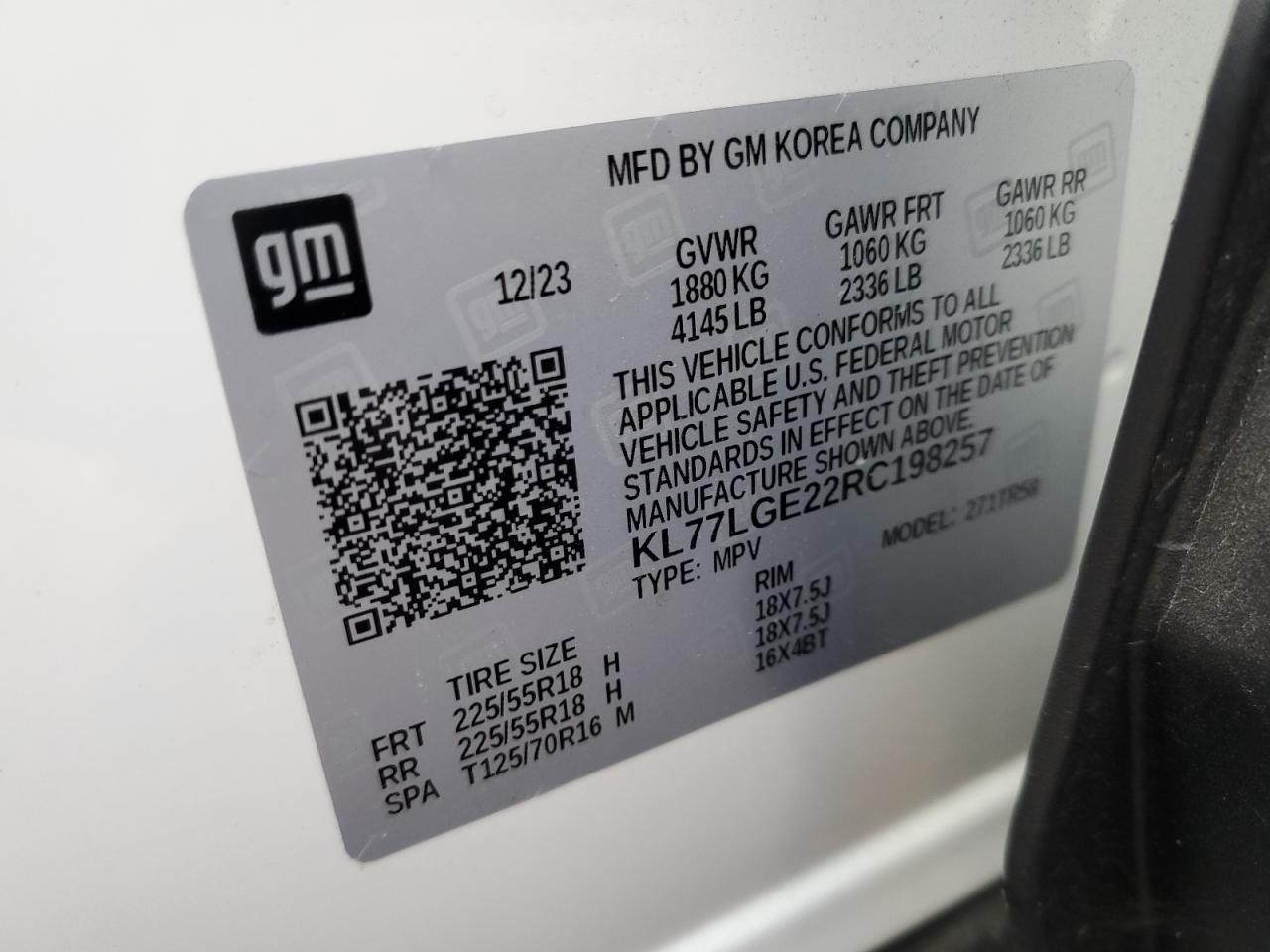 2024 CHEVROLET TRAX 1RS VIN:KL77LGE22RC198257