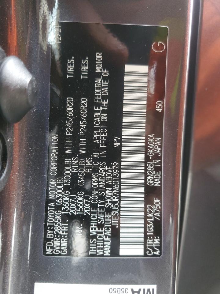 2022 TOYOTA 4RUNNER SR5 PREMIUM VIN:JTESU5JR7N6013979
