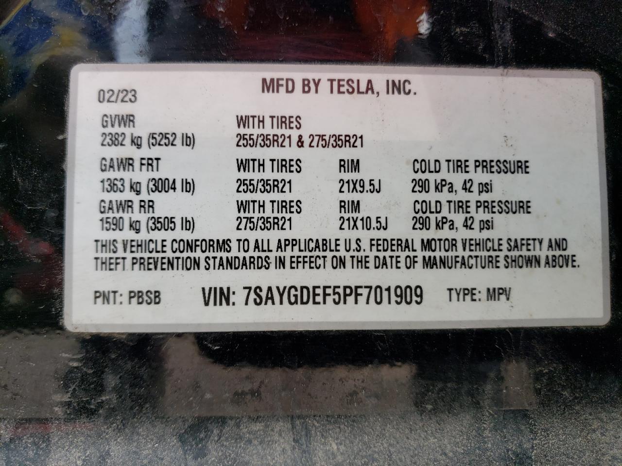 2023 TESLA MODEL Y VIN:7SAYGDEF5PF701909