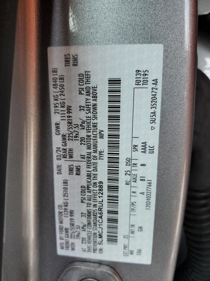 2024 LINCOLN CORSAIR VIN:5LMCJ1CA6RUL12889
