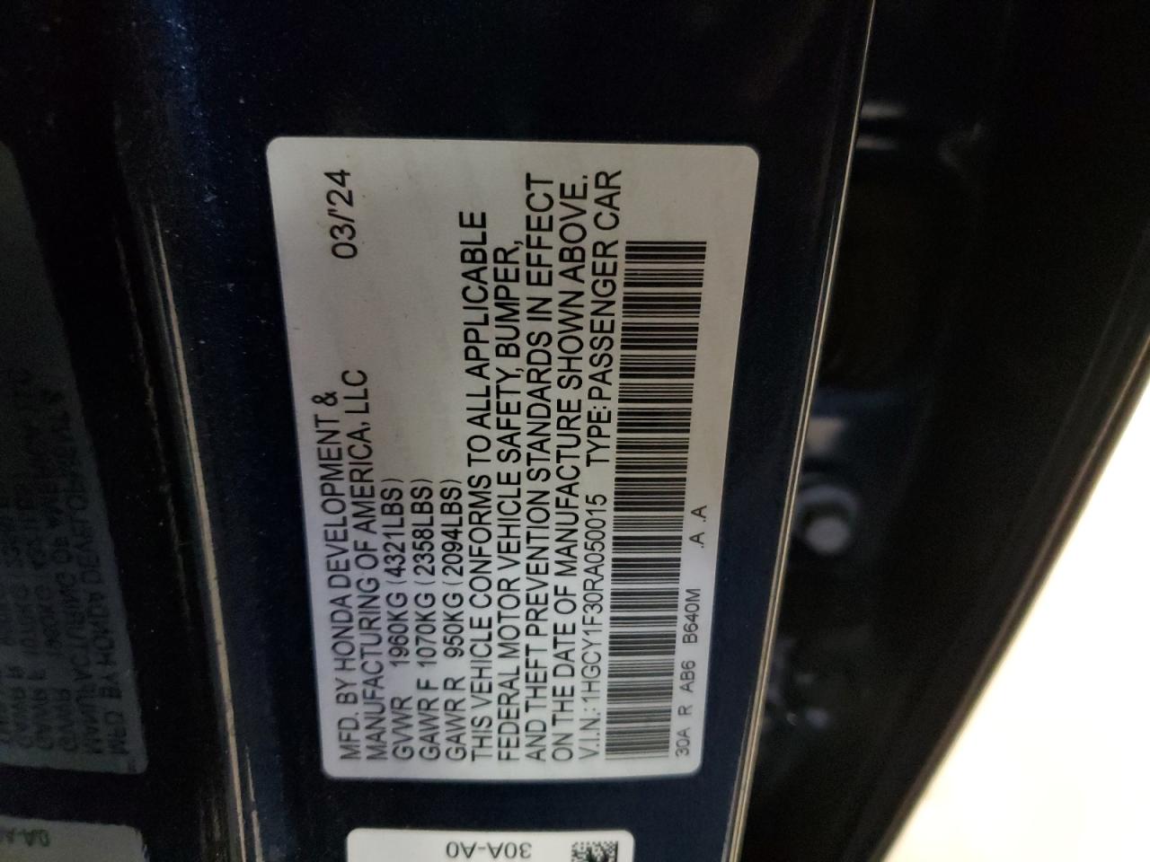 2024 HONDA ACCORD EX VIN:1HGCY1F30RA050015