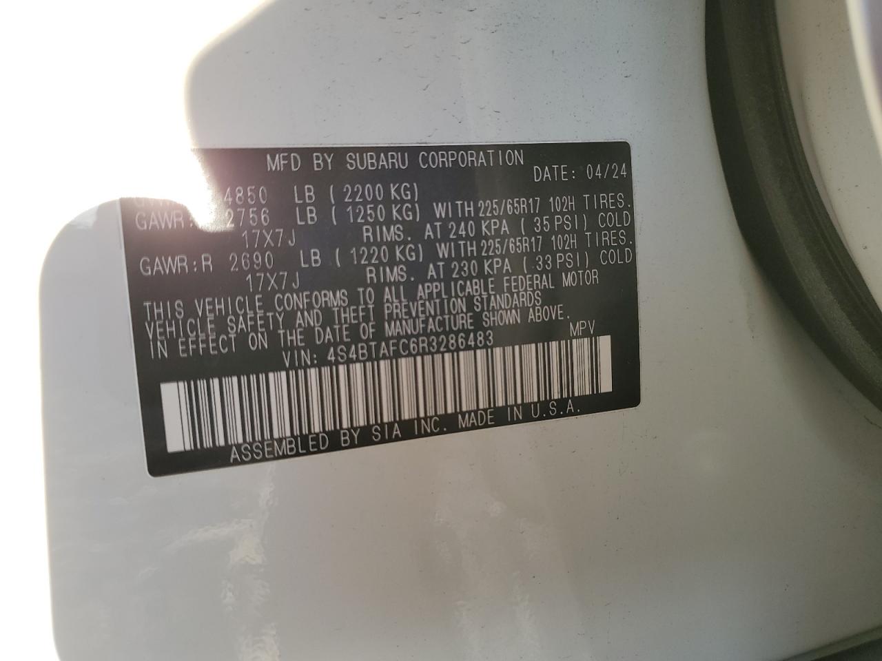 2024 SUBARU OUTBACK PREMIUM VIN:4S4BTAFC6R3286483