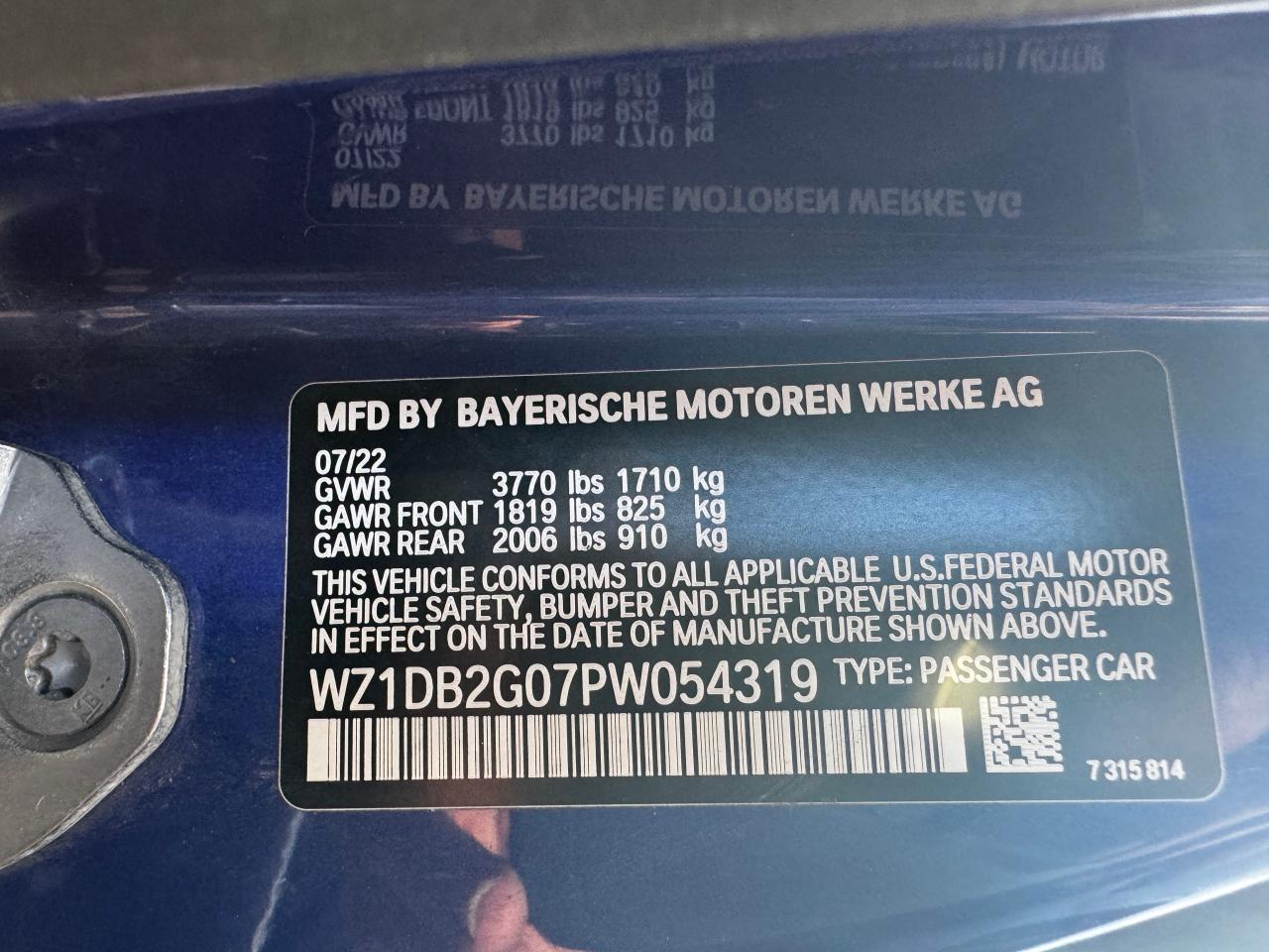 2023 TOYOTA SUPRA VIN:WZ1DB2G07PW054319