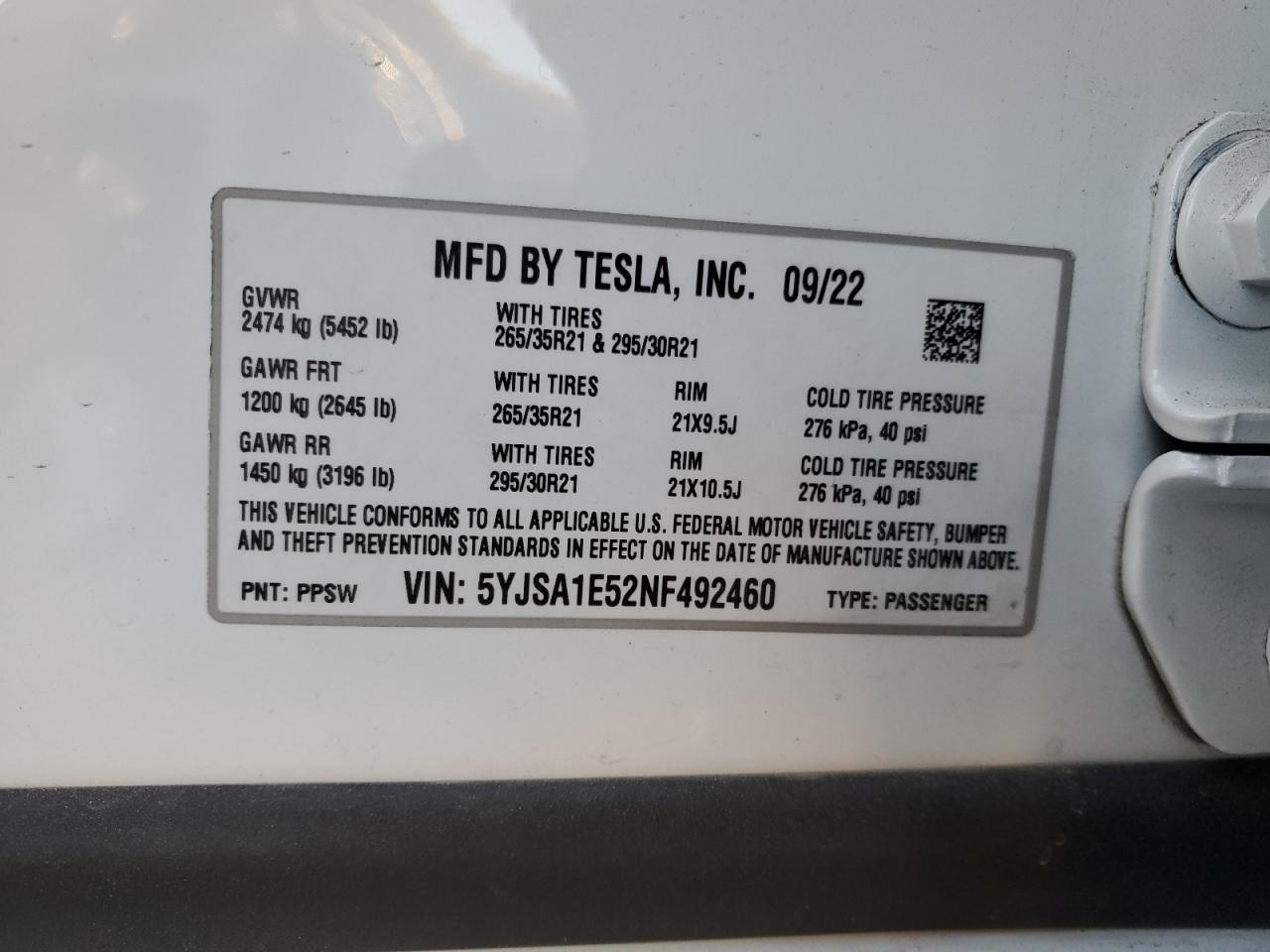 2022 TESLA MODEL S VIN:5YJSA1E52NF492460