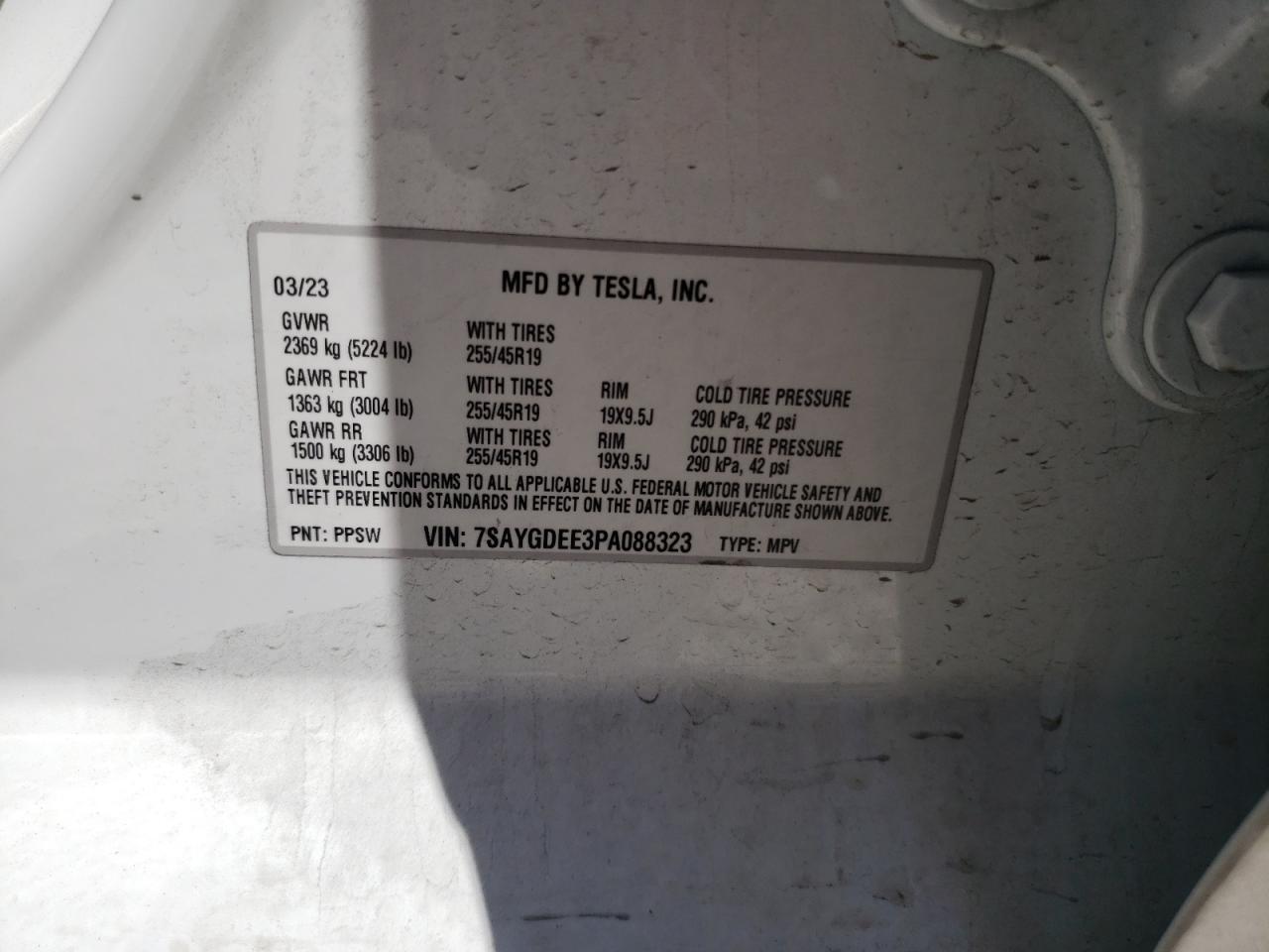 2023 TESLA MODEL Y VIN:7SAYGDEE3PA088323