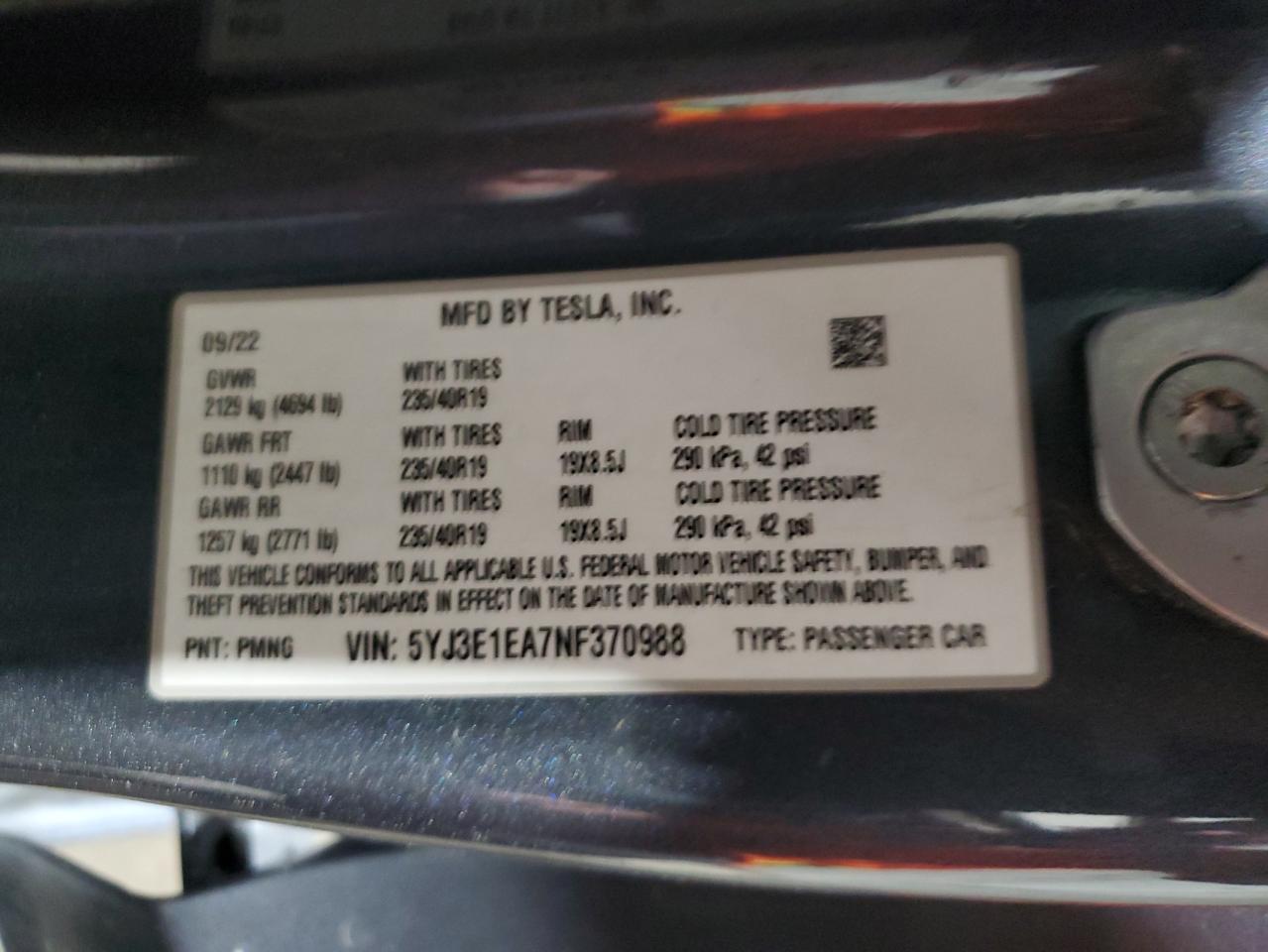 2022 TESLA MODEL 3 VIN:5YJ3E1EA7NF370988