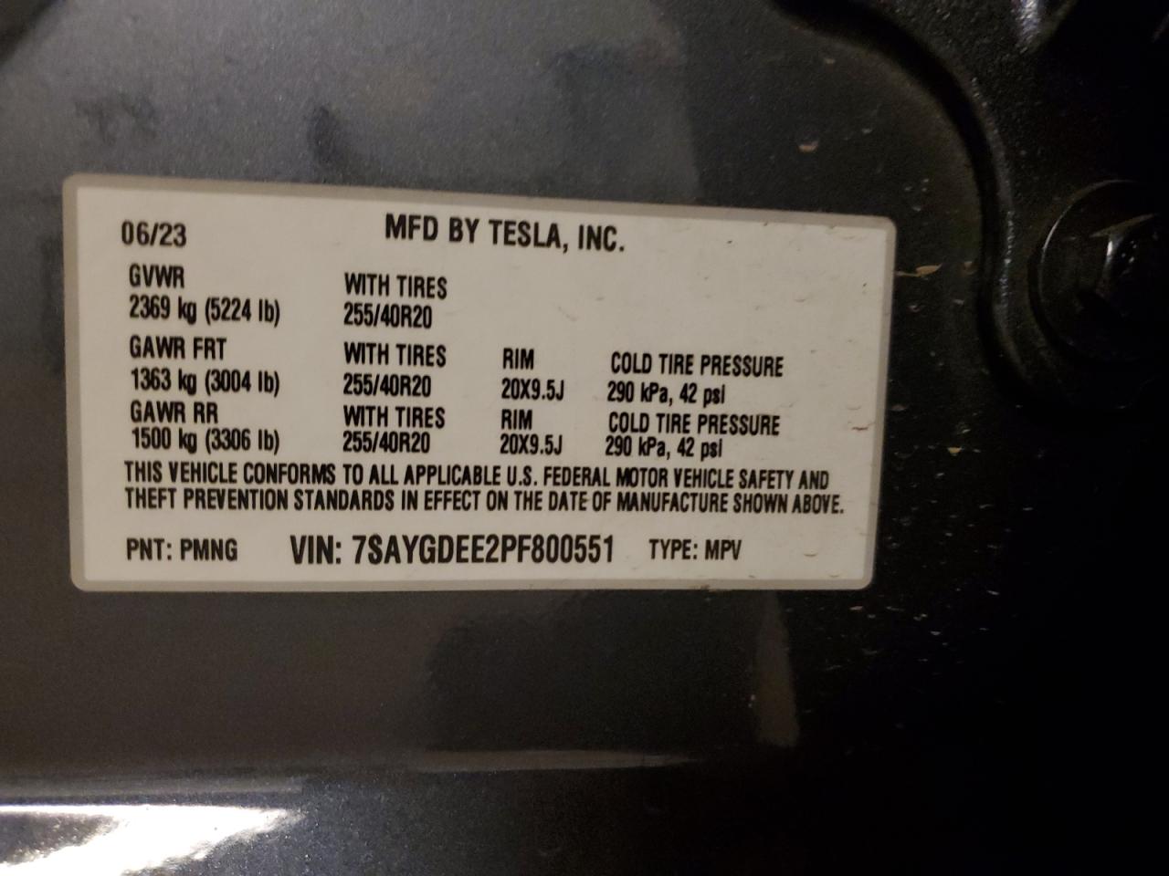 2023 TESLA MODEL Y VIN:7SAYGDEE2PF800551