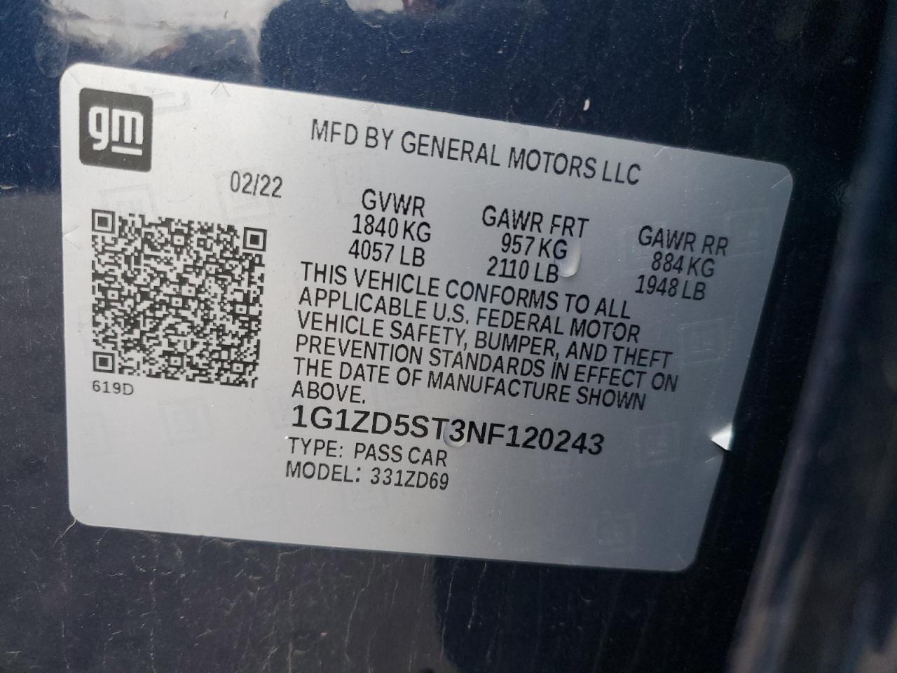 2022 CHEVROLET MALIBU LT VIN:1G1ZD5ST3NF120243