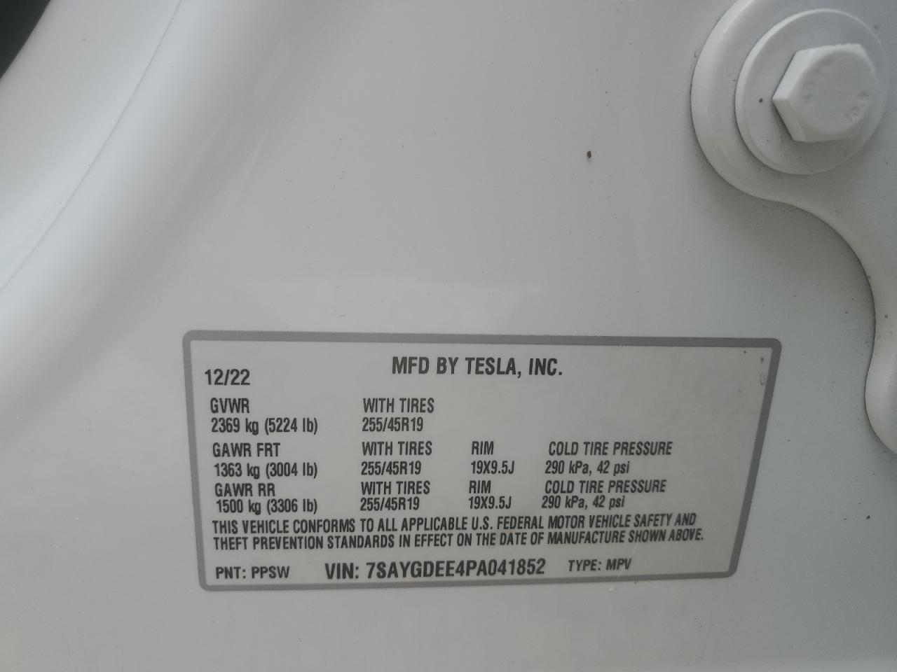 2023 TESLA MODEL Y VIN:7SAYGDEE4PA041852