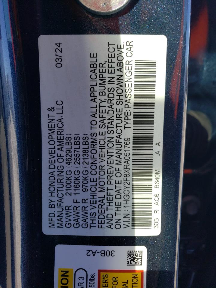 2024 HONDA ACCORD TOURING HYBRID VIN:1HGCY2F8XRA051769