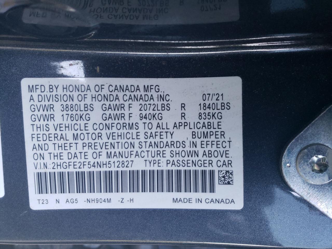 2022 HONDA CIVIC SPORT VIN:2HGFE2F54NH512827
