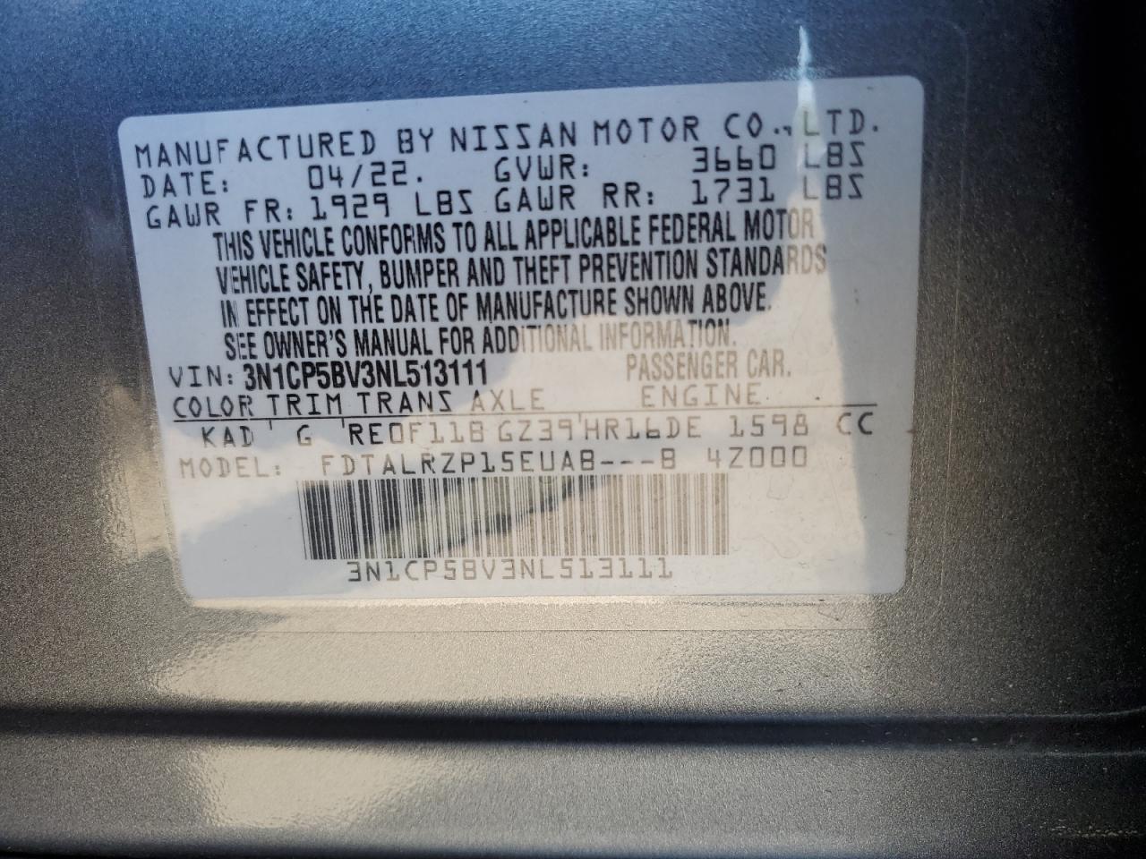 2022 NISSAN KICKS S VIN:3N1CP5BV3NL513111