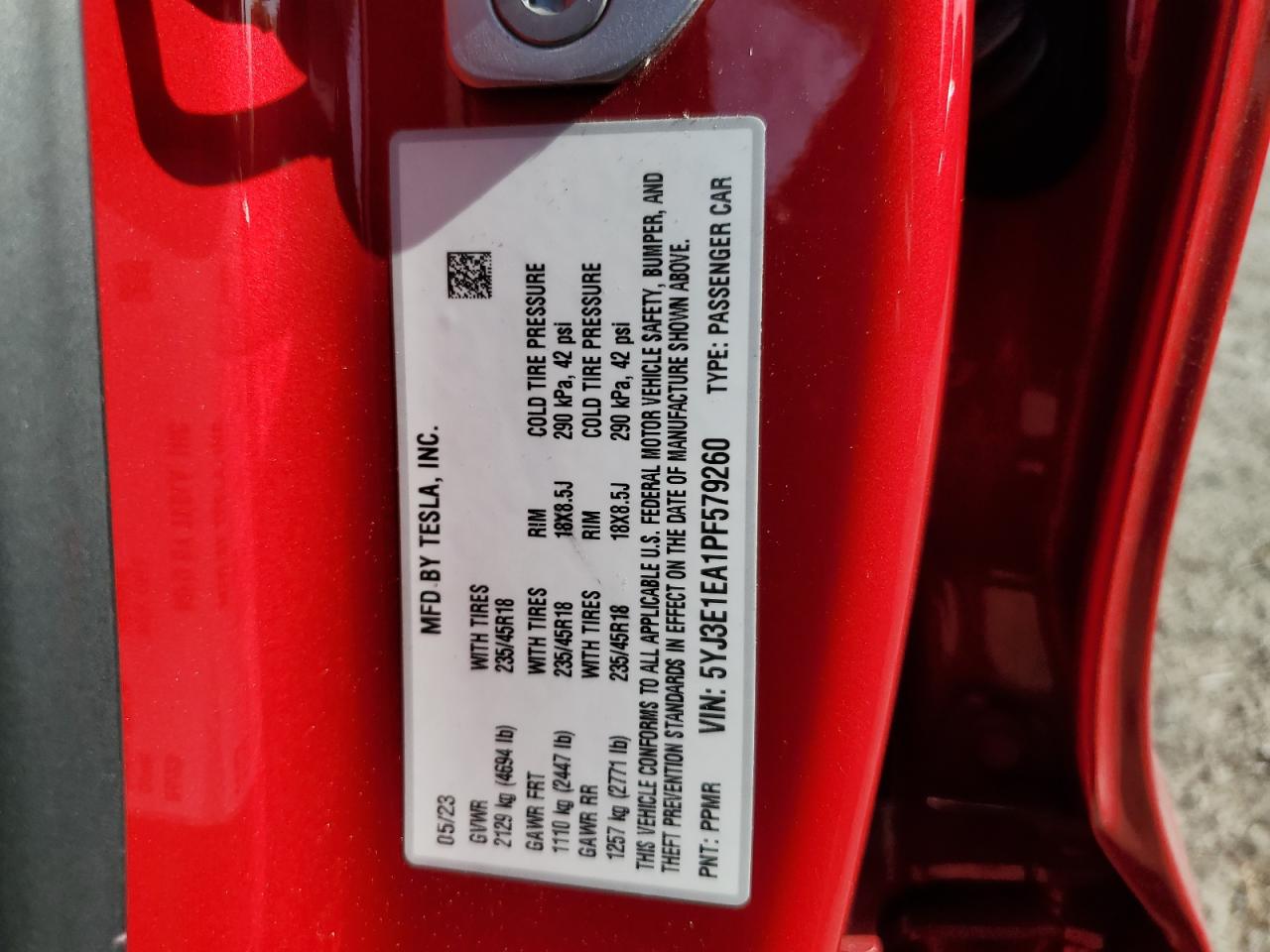 2023 TESLA MODEL 3 VIN:5YJ3E1EA1PF579260