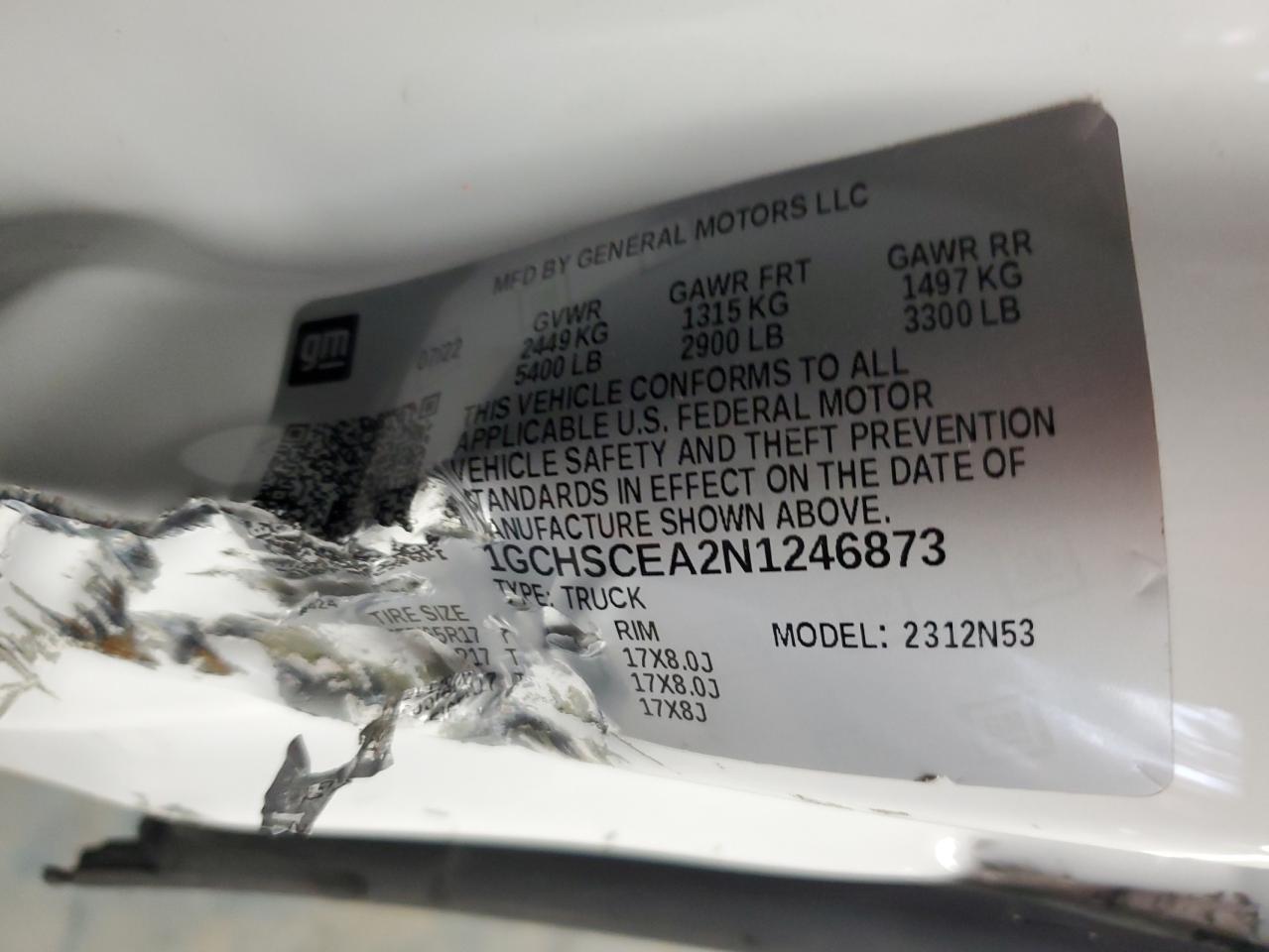 2022 CHEVROLET COLORADO LT VIN:1GCHSCEA2N1246873