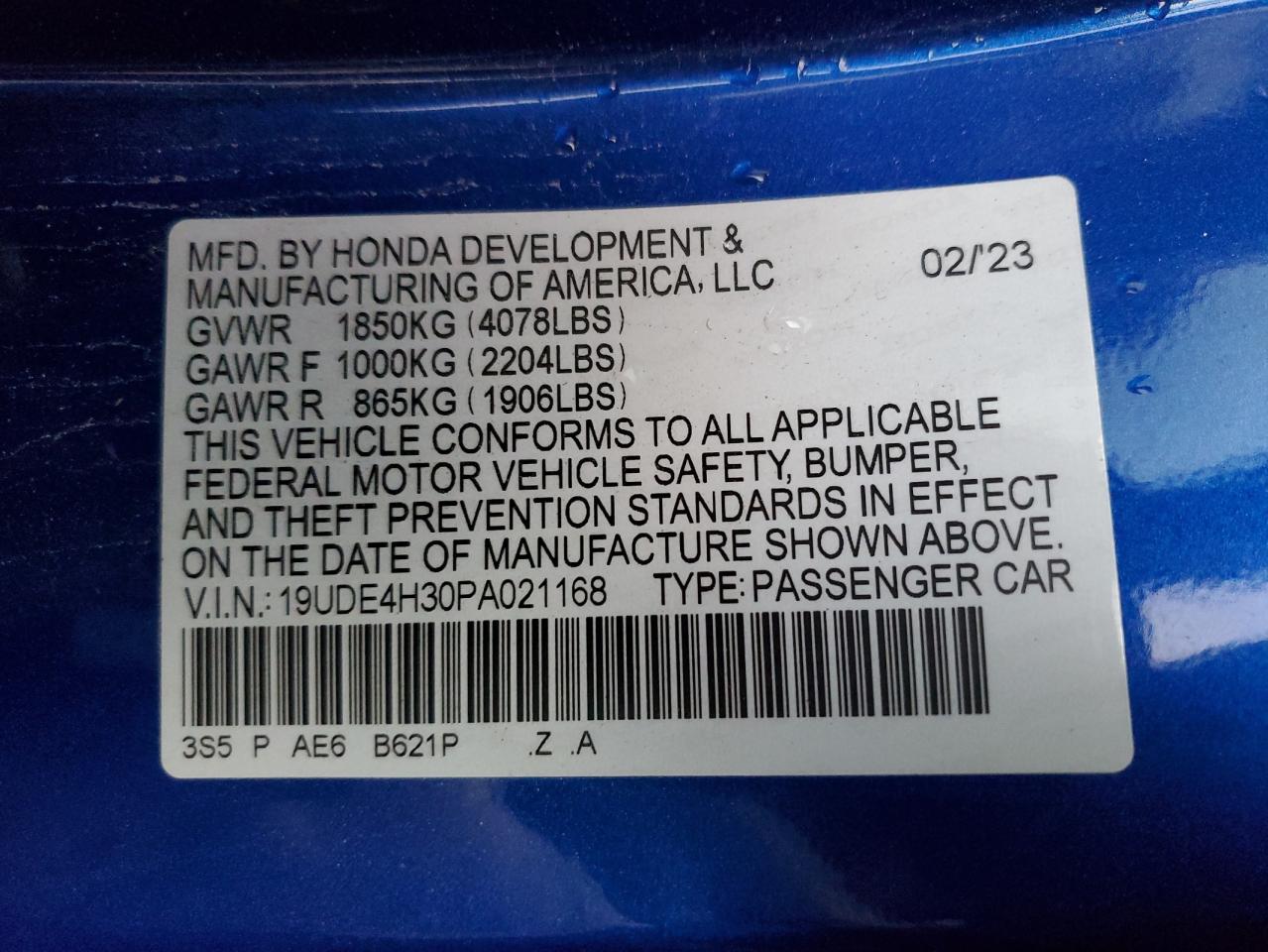 2023 ACURA INTEGRA A-SPEC VIN:19UDE4H30PA021168