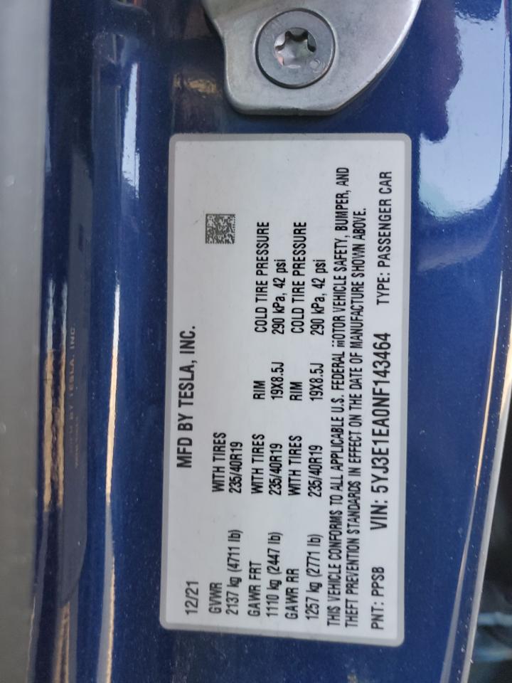 2022 TESLA MODEL 3 VIN:5YJ3E1EA0NF143464