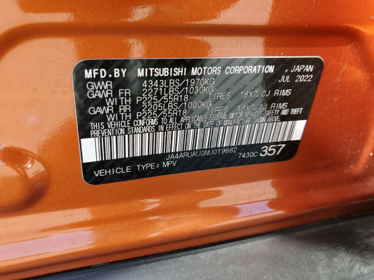 2022 MITSUBISHI OUTLANDER SPORT ES VIN:JA4ARUAU0NU019662