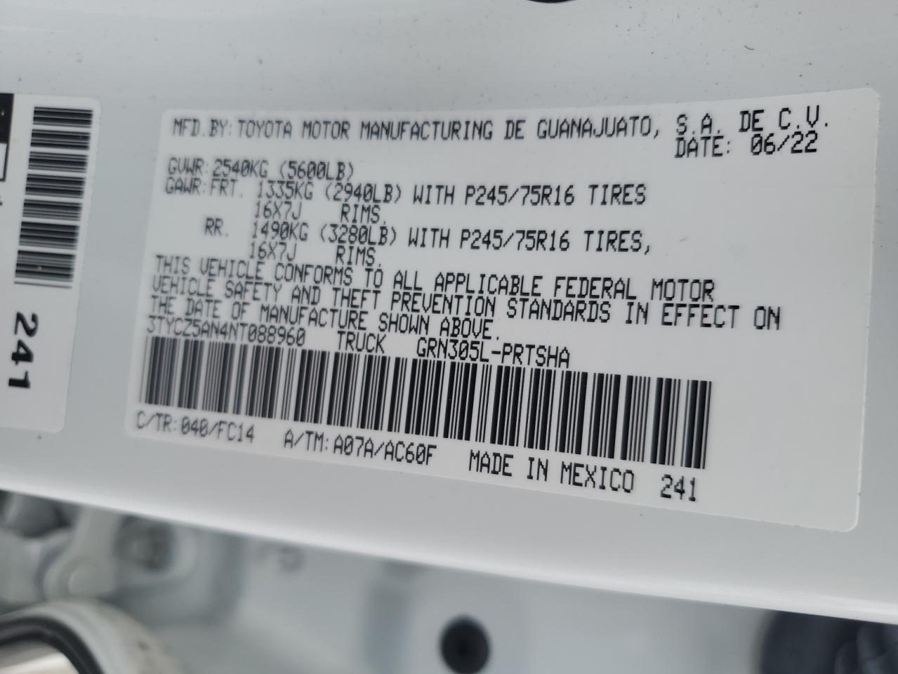 2022 TOYOTA TACOMA DOUBLE CAB VIN:3TYCZ5AN4NT088960