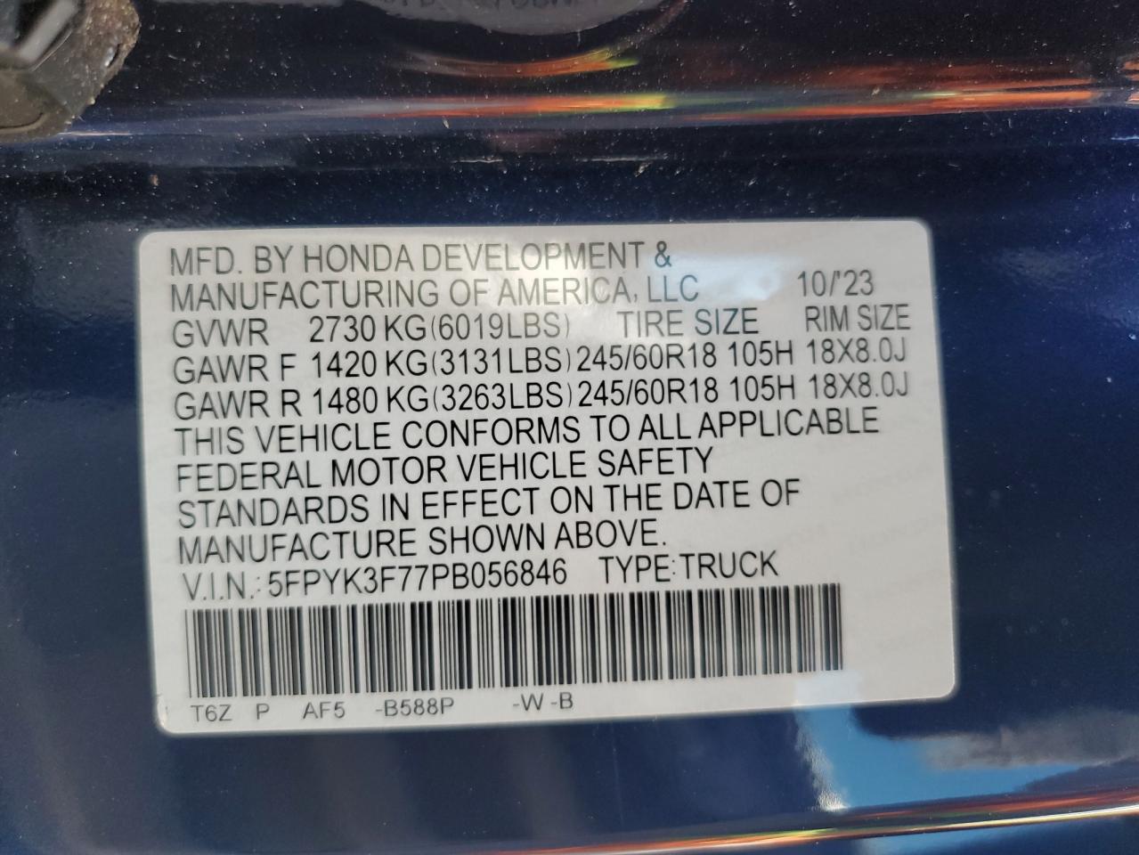 2023 HONDA RIDGELINE RTL-E VIN:5FPYK3F77PB056846