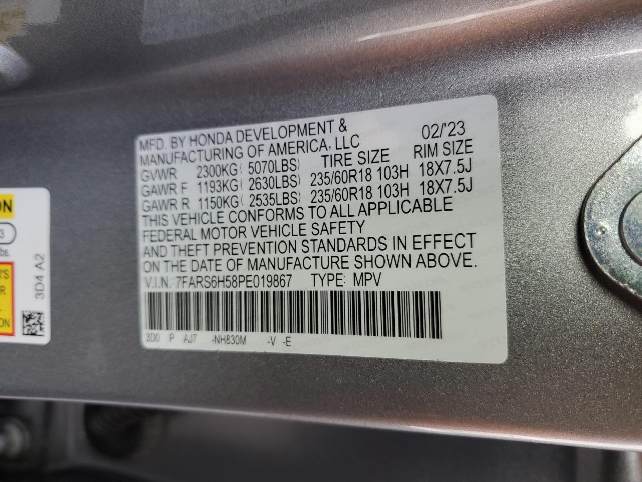 2023 HONDA CR-V SPORT VIN:7FARS6H58PE019867