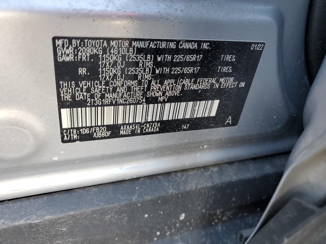 2022 TOYOTA RAV4 LE VIN:2T3G1RFV1NC260754