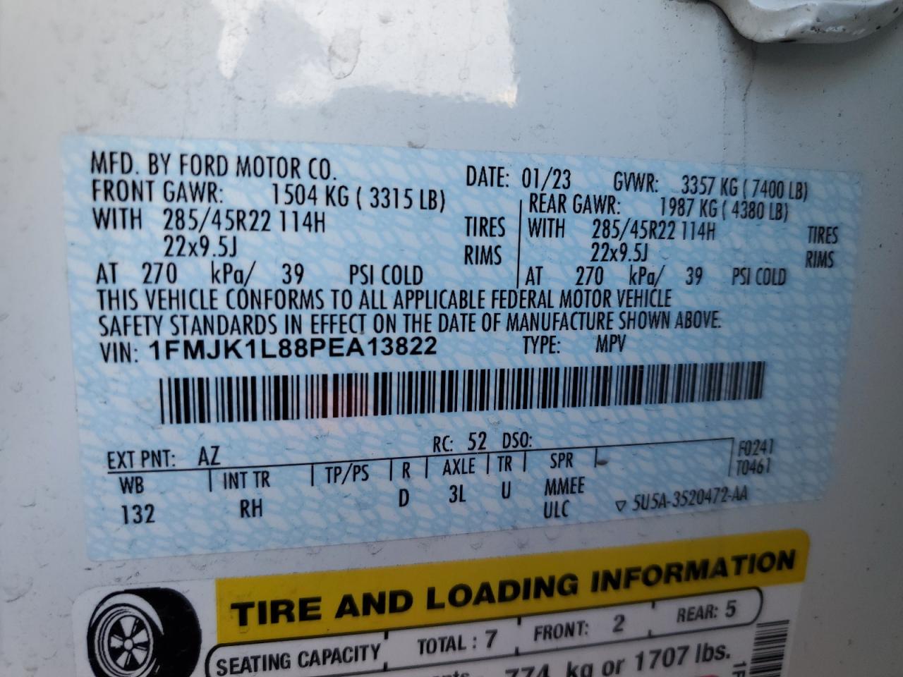 2023 FORD EXPEDITION MAX PLATINUM VIN:1FMJK1L88PEA13822