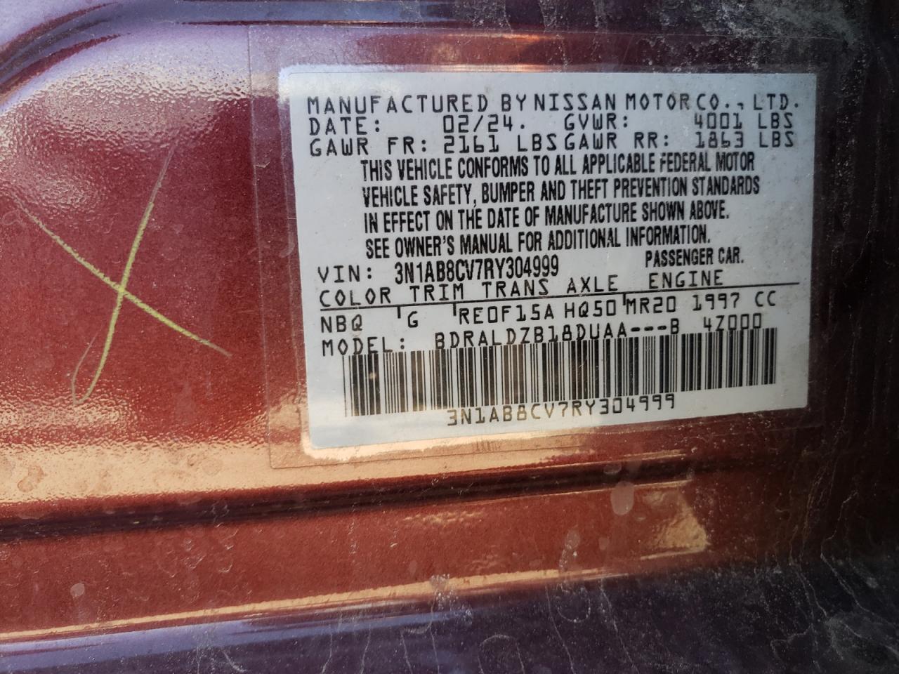 2024 NISSAN SENTRA SV VIN:3N1AB8CV7RY304999
