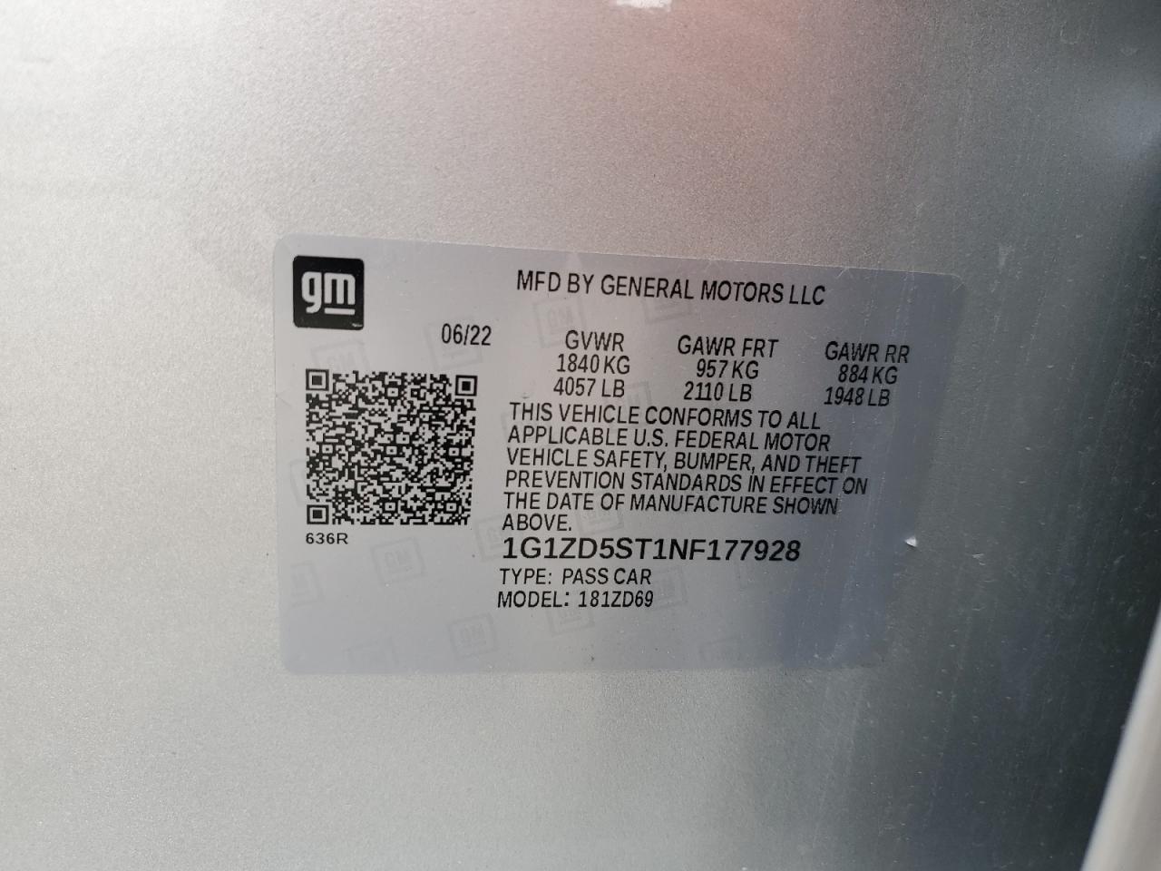 2022 CHEVROLET MALIBU LT VIN:1G1ZD5ST1NF177928