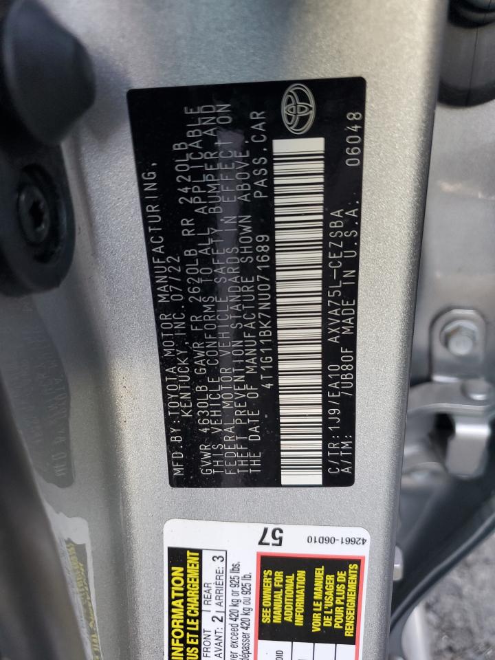 2022 TOYOTA CAMRY SE VIN:4T1G11BK7NU071689