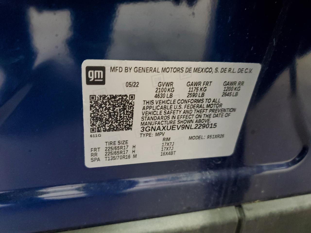 2022 CHEVROLET EQUINOX LT VIN:3GNAXUEV9NL229015